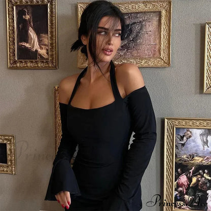 Flare Sleeve Halter Split Backless New Midi Dress