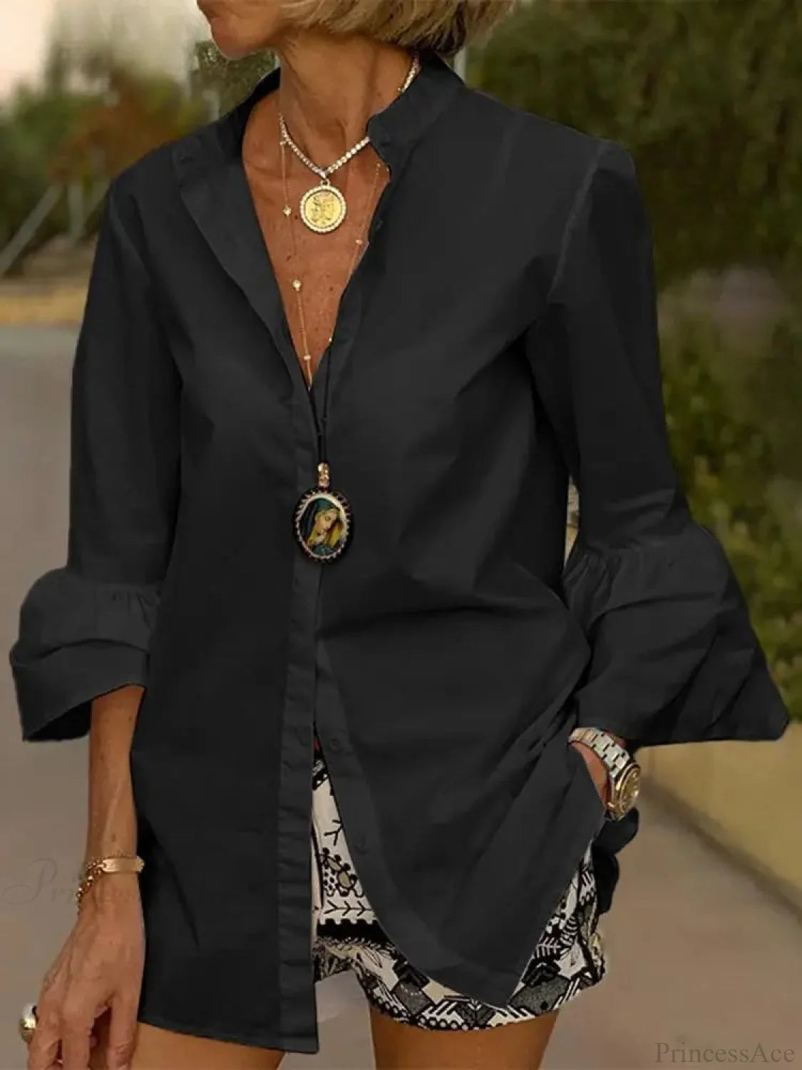 Flare Sleeve Color V Neck Blouse