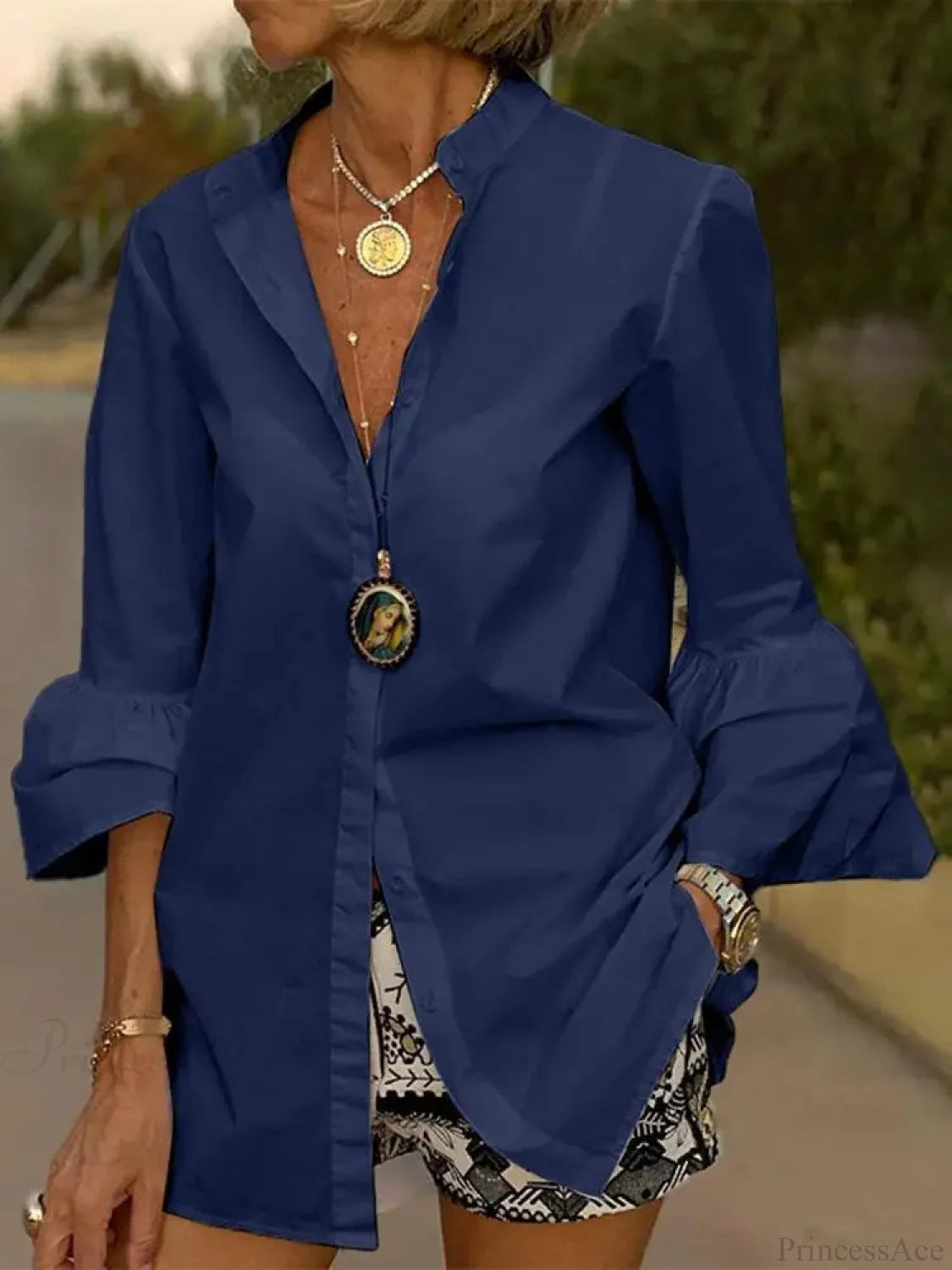 Flare Sleeve Color V Neck Blouse