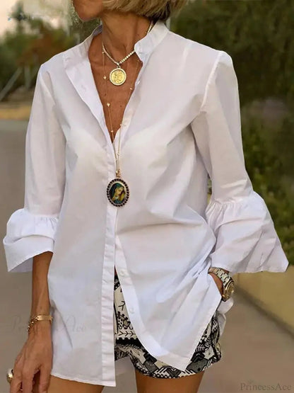 Flare Sleeve Color V Neck Blouse
