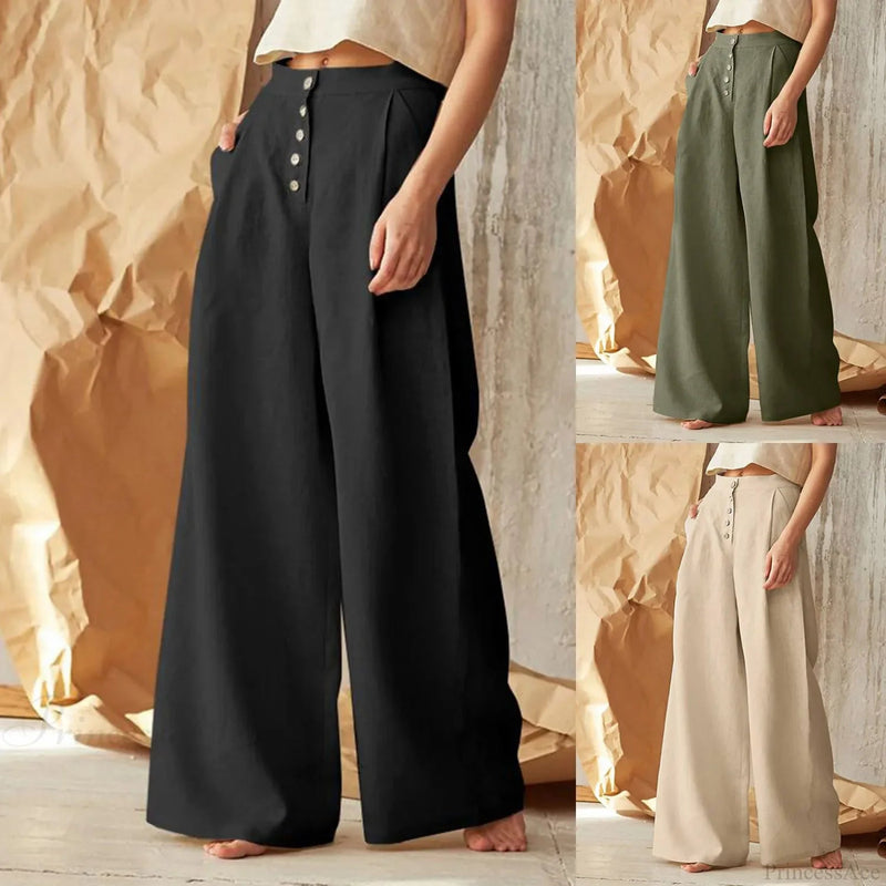 Flared Color High Waist Cotton Linen Pant