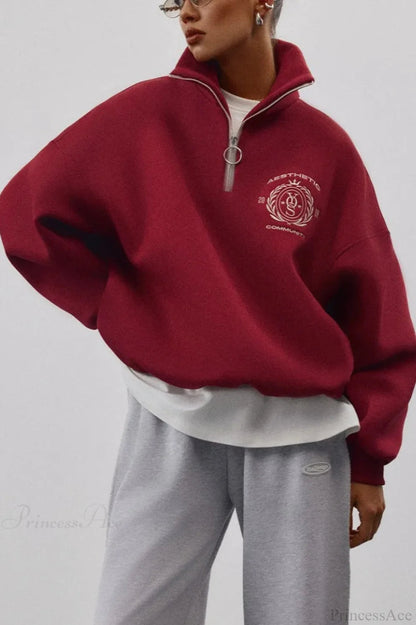 Fleece-lined Letter Embroidery Stand Collar Half-zip Sweatshirts