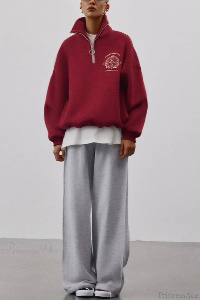 Fleece-lined Letter Embroidery Stand Collar Half-zip Sweatshirt