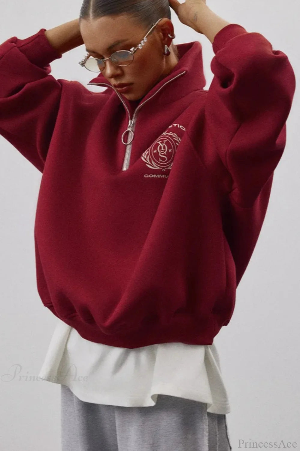 Fleece-lined Letter Embroidery Stand Collar Half-zip Sweatshirt