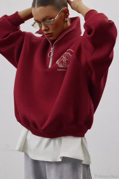 Fleece-lined Letter Embroidery Stand Collar Half-zip Sweatshirt