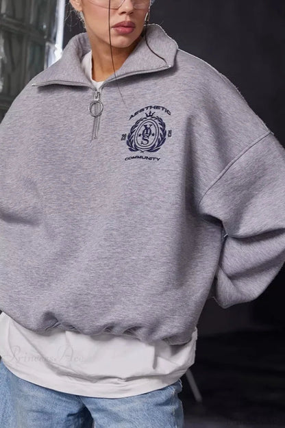 Fleece-lined Letter Embroidery Stand Collar Half-zip Sweatshirts