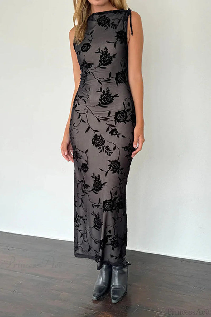 Flocked Mesh Sleeveless Bodycon Maxi Dress