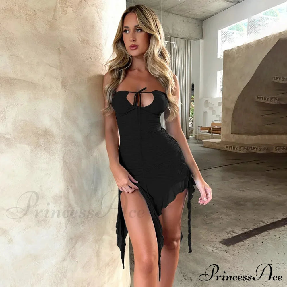 Applique Strapless Ruched Ruffle Mini Dress