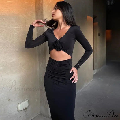 Florale Cut Out Long for Long Sleeve Midi Dress