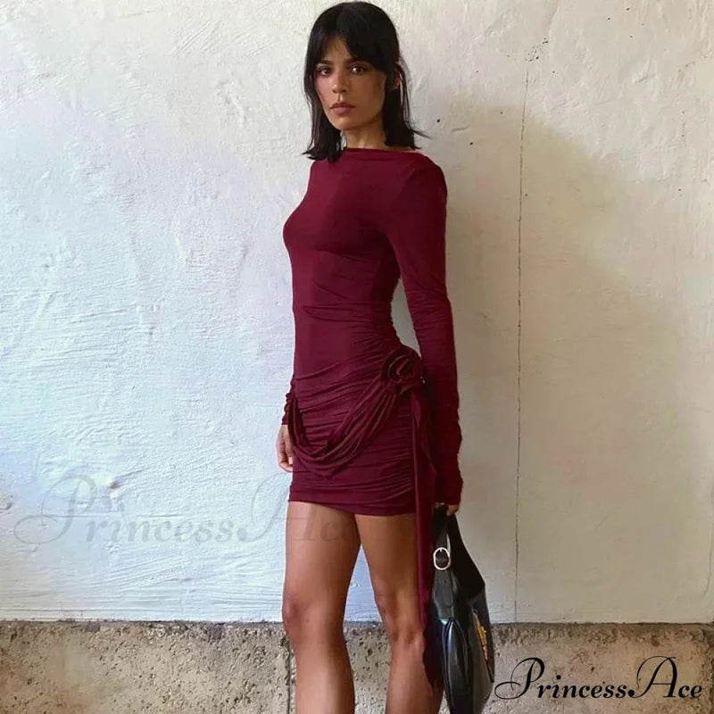 Appliques Long Sleeve Ruched Bodycon Holiday Slim Mini Dress