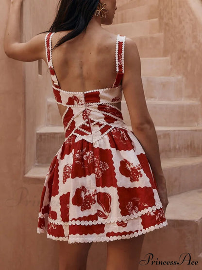 Decorative Unique Print Graceful V-neck Hollow A-line Mini Dress