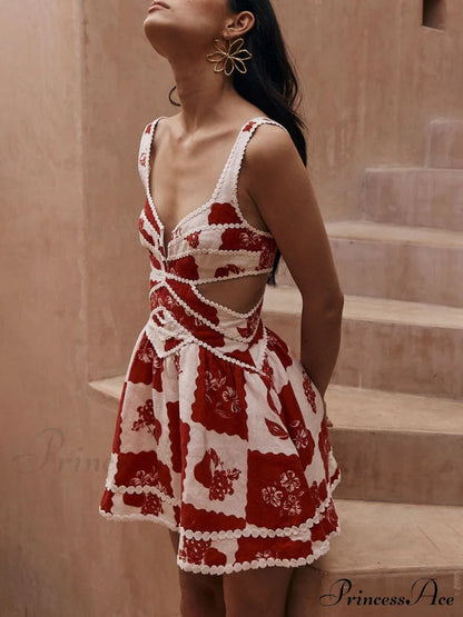 Decorative Unique Print Graceful V-neck Hollow A-line Mini Dress