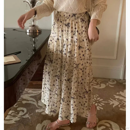 Ditsy Print Elastic Waist Tiered Long Flared Skirt