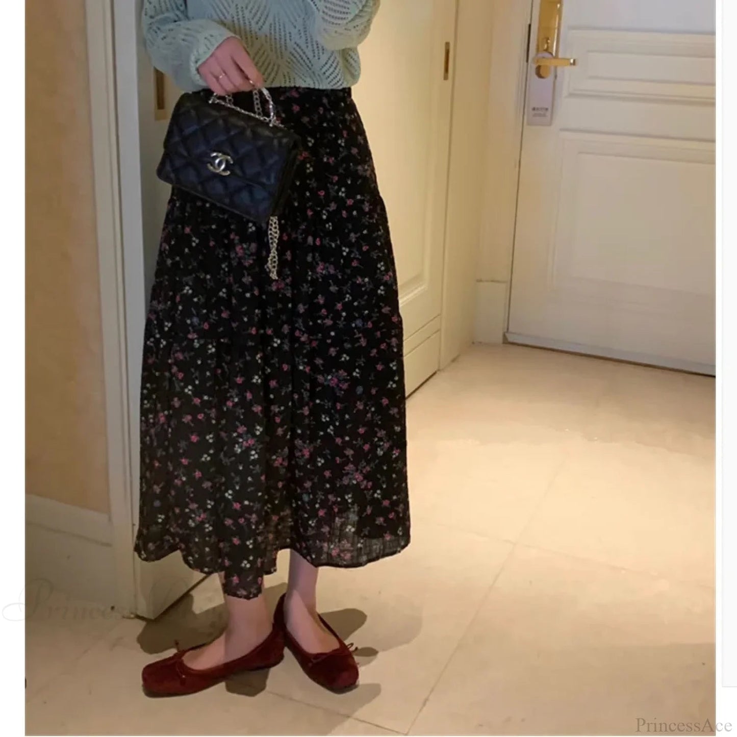 Ditsy Print Elastic Waist Tiered Long Flared Skirt