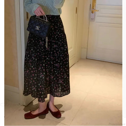 Ditsy Print Elastic Waist Tiered Long Flared Skirt