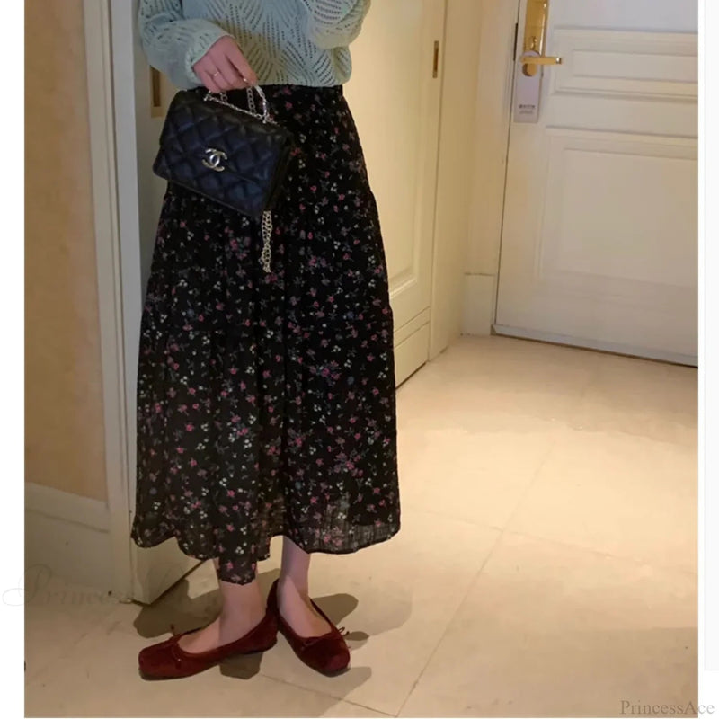 Ditsy Print Elastic Waist Tiered Long Flared Skirt