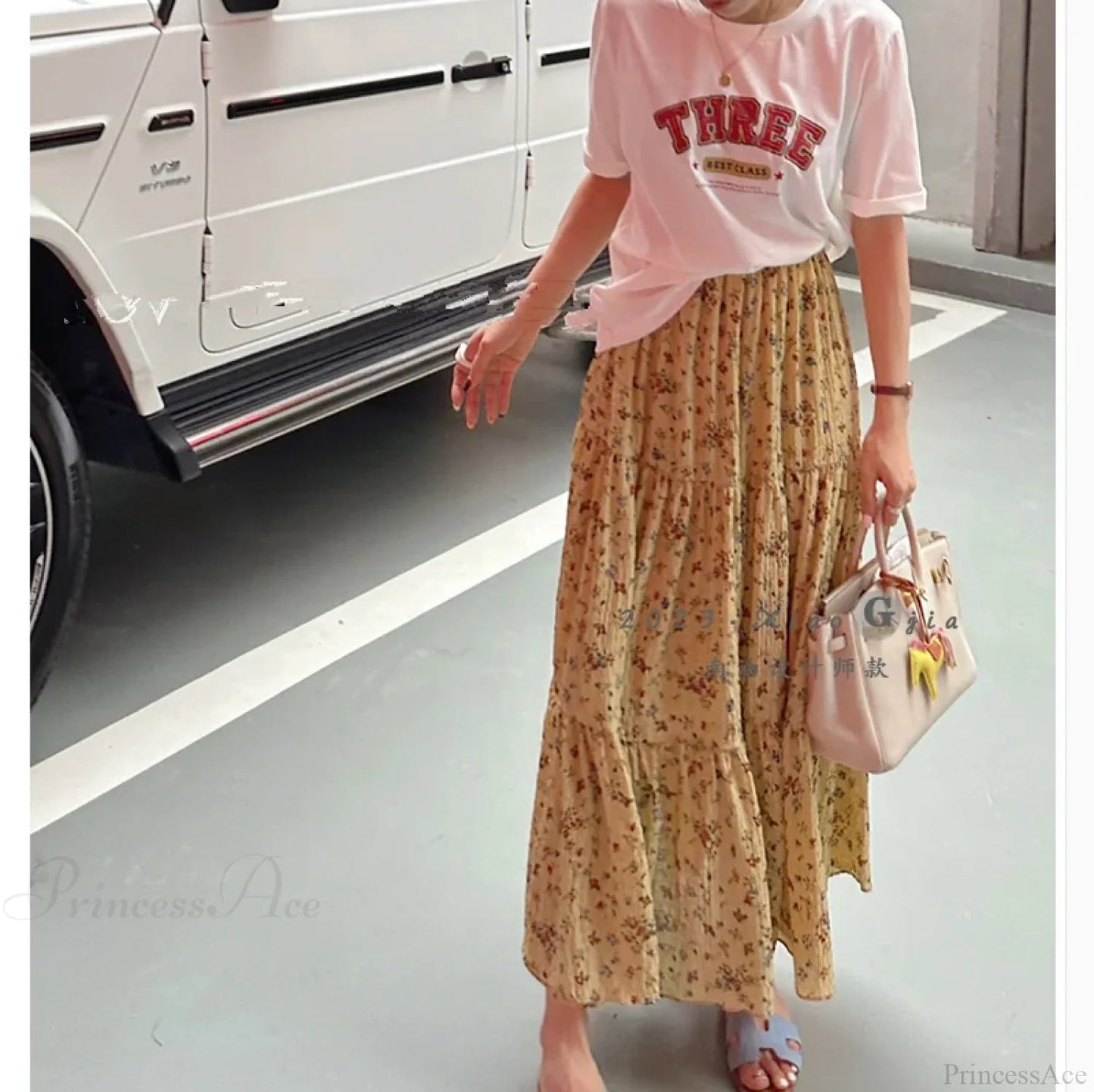 Ditsy Print Elastic Waist Tiered Long Flared Skirt