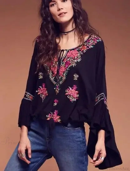 Embroidered Flare Sleeve V-neck Blouse