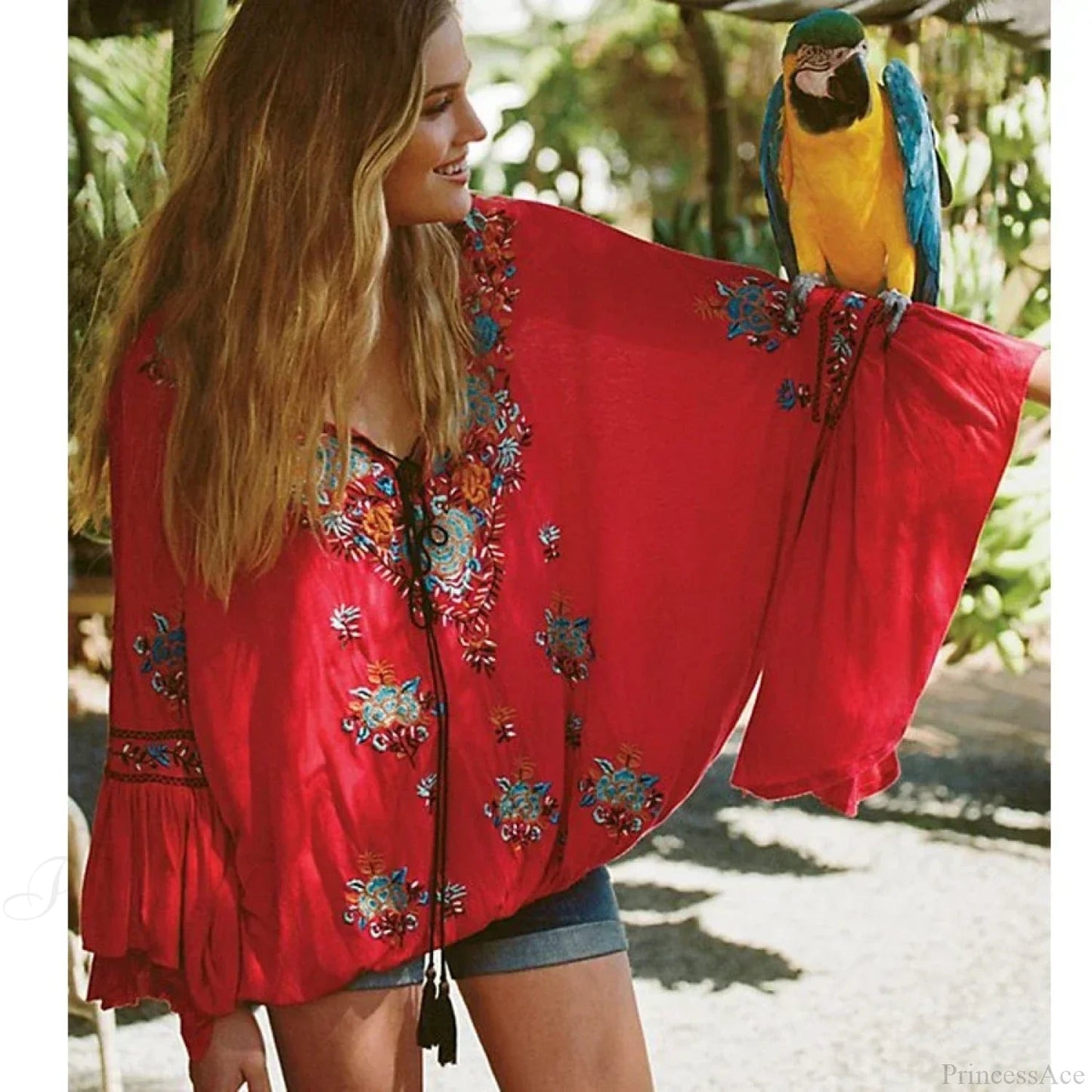 Embroidered Flare Sleeve V-neck Blouse