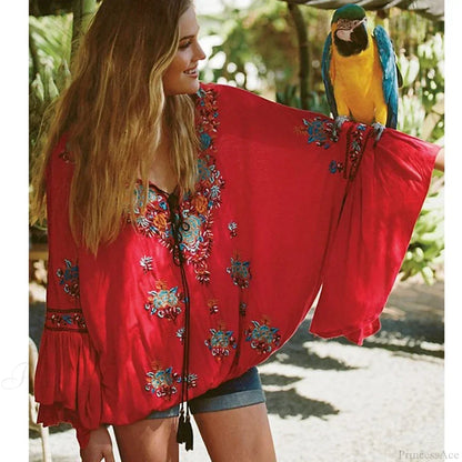 Embroidered Flare Sleeve V-neck Blouse