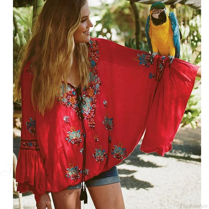 Embroidered Flare Sleeve V-neck Blouse