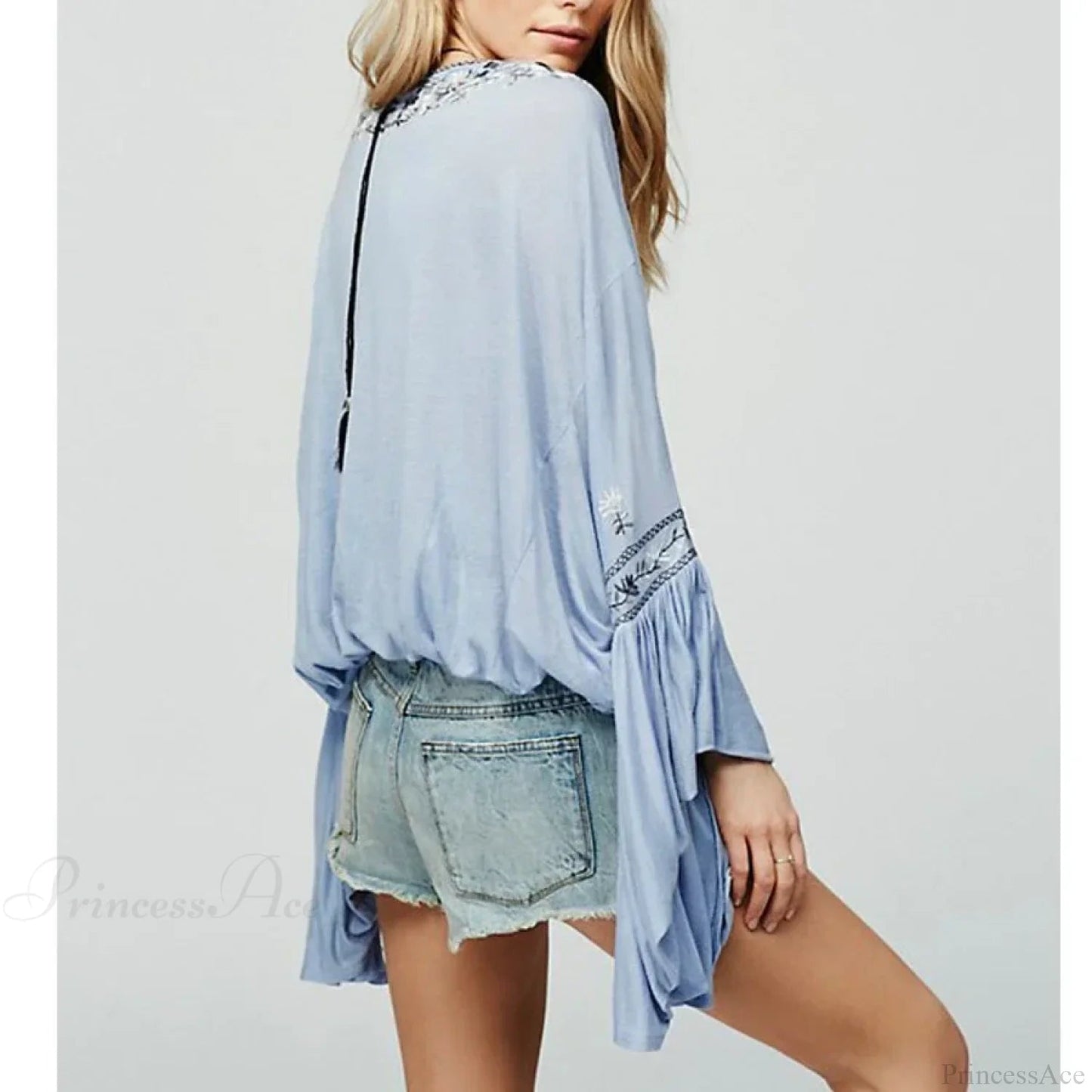Embroidered Flare Sleeve V-neck Blouse