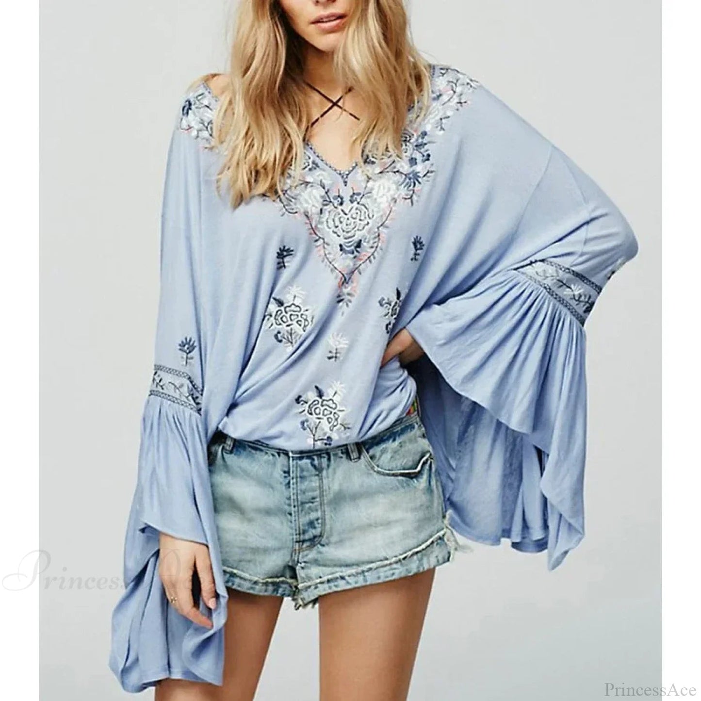 Embroidered Flare Sleeve V-neck Blouse