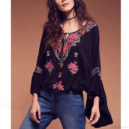 Embroidered Flare Sleeve V-neck Blouse