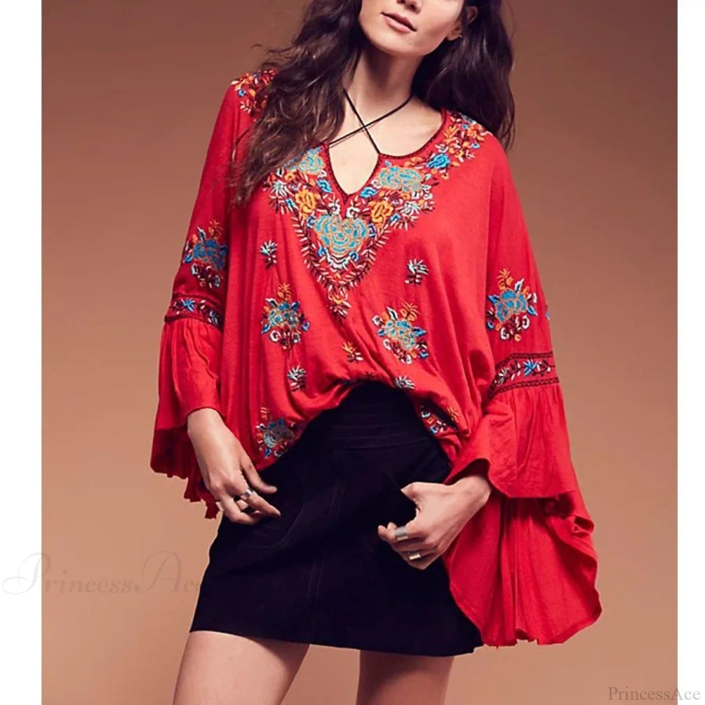 Embroidered Flare Sleeve V-neck Blouse