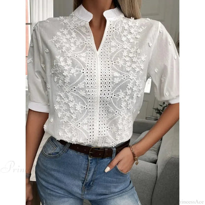 Embroidery Hollow Out V Neck Blouse