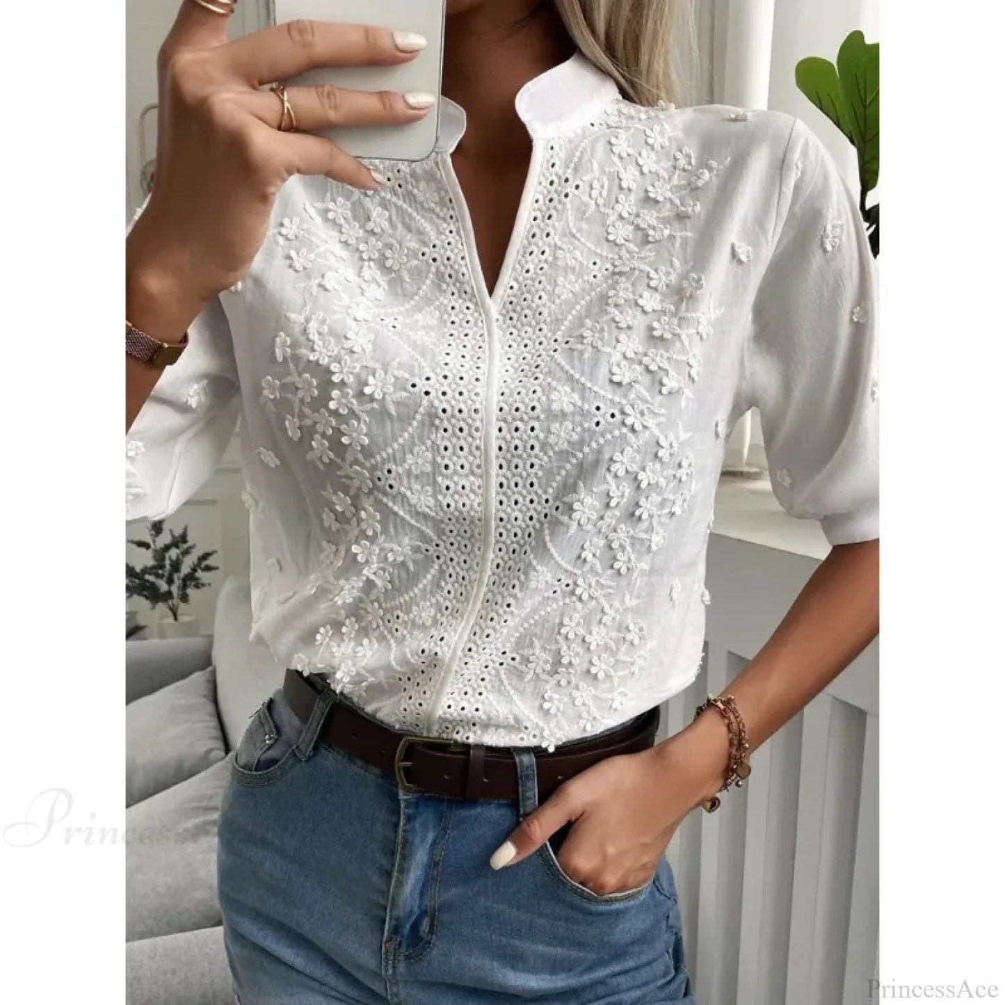 Embroidery Hollow Out V Neck Blouse