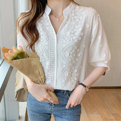 Embroidery Lace Hollow V-neck Blouse