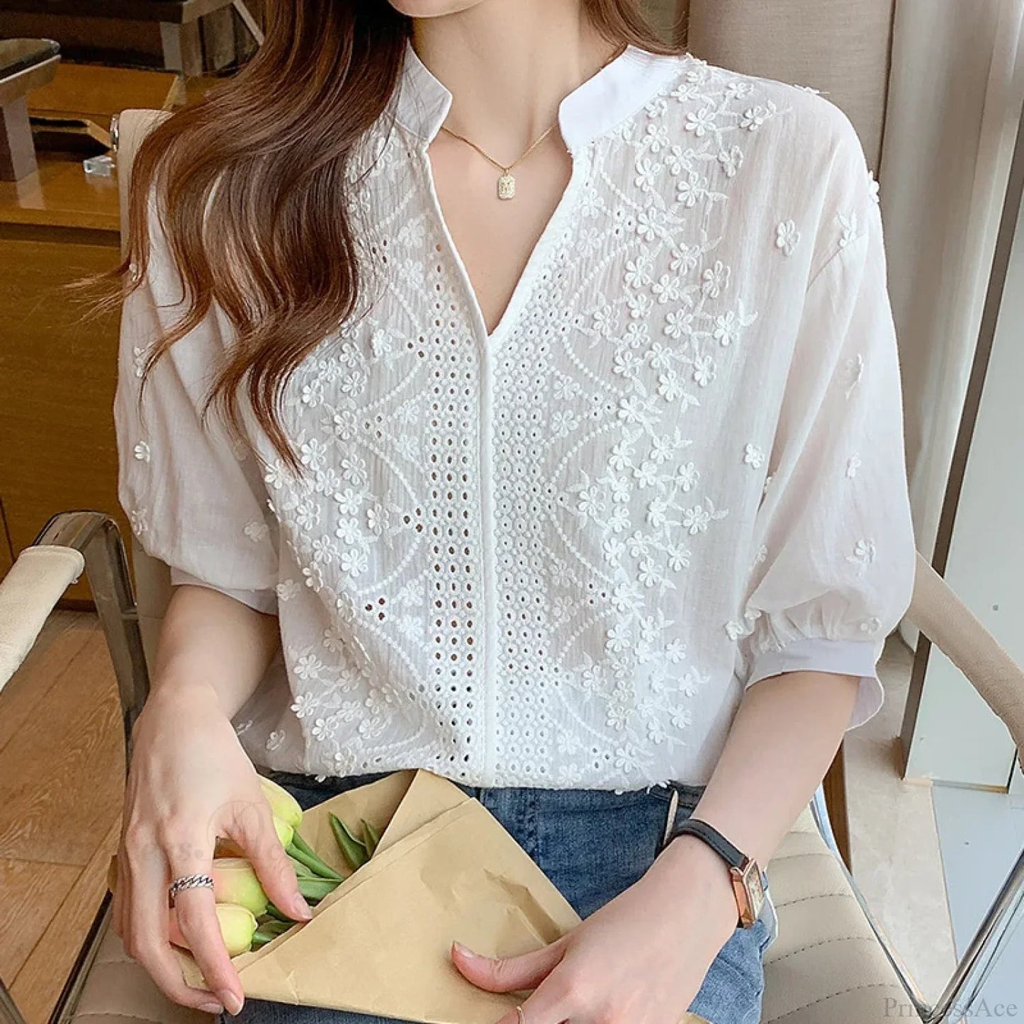 Embroidery Lace Hollow V-neck Blouse