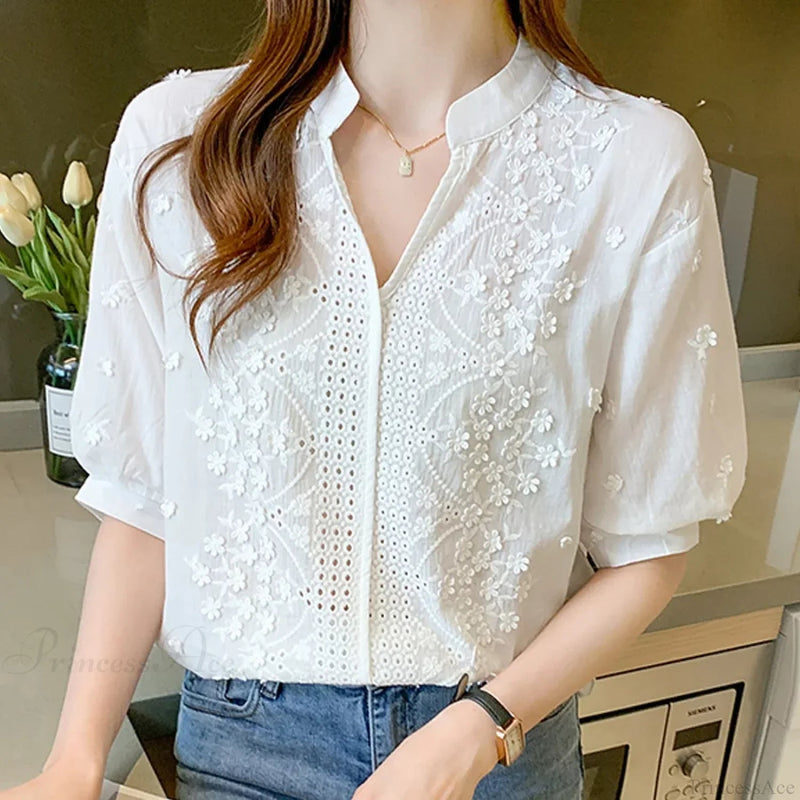 Embroidery Lace Hollow V-neck Blouse