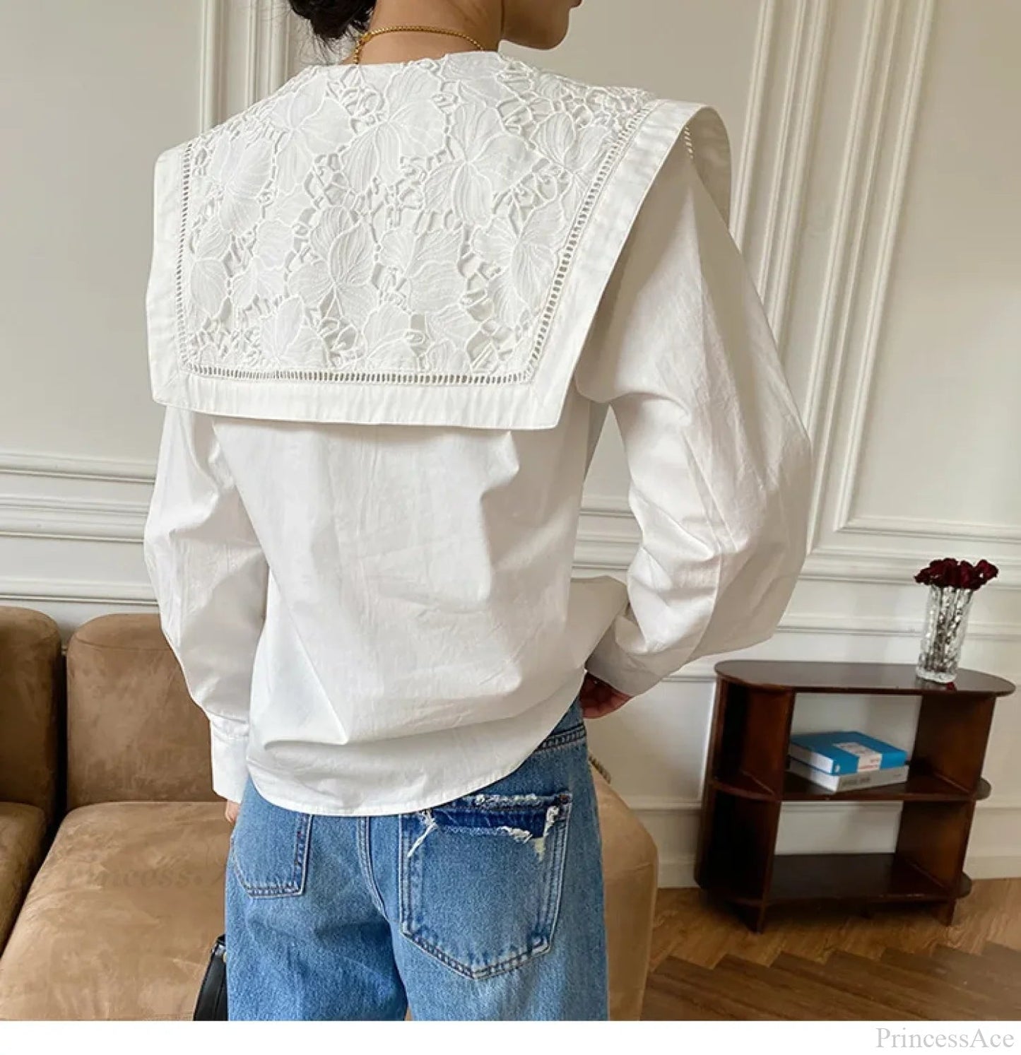 Embroidery Neck Long Sleeve Cotton Blouse