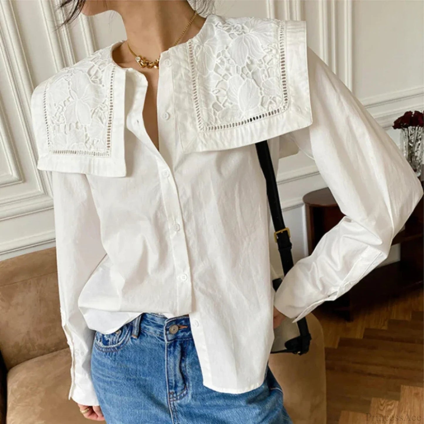 Embroidery Neck Long Sleeve Cotton Blouse