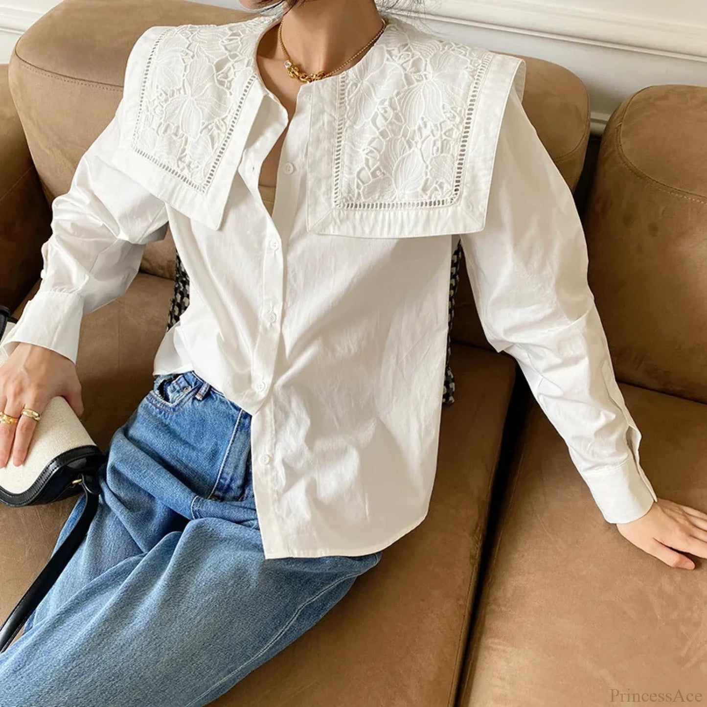Embroidery Neck Long Sleeve Cotton Blouse