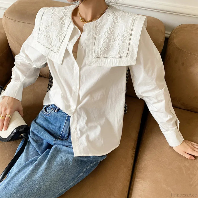 Embroidery Neck Long Sleeve Cotton Blouse