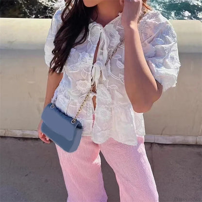 Embroidery Puff Short Sleeve Blouse