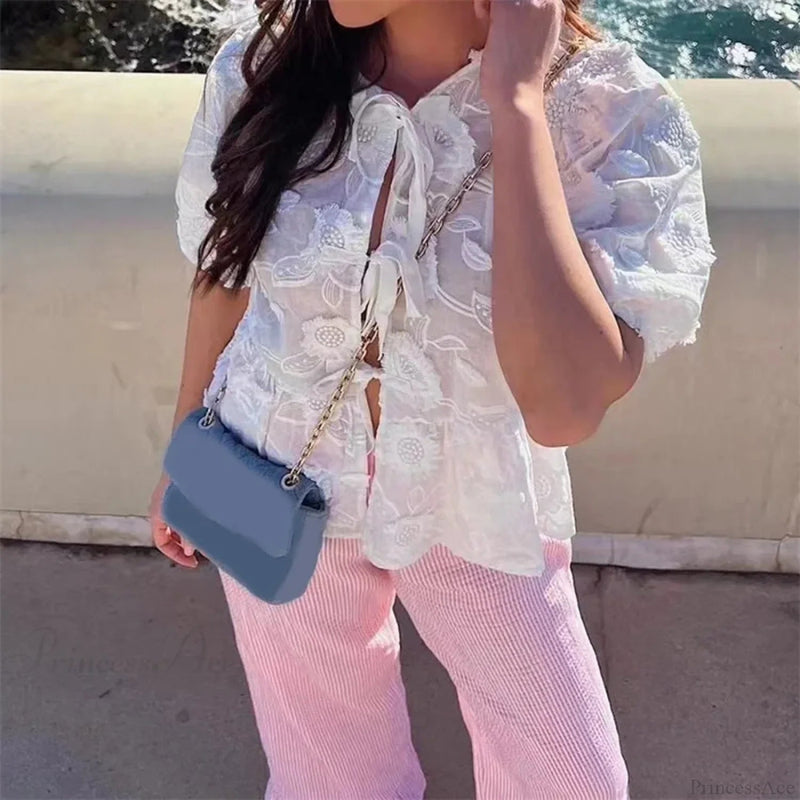 Embroidery Puff Short Sleeve Blouse