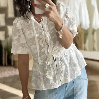 Embroidery Puff Short Sleeve Blouse