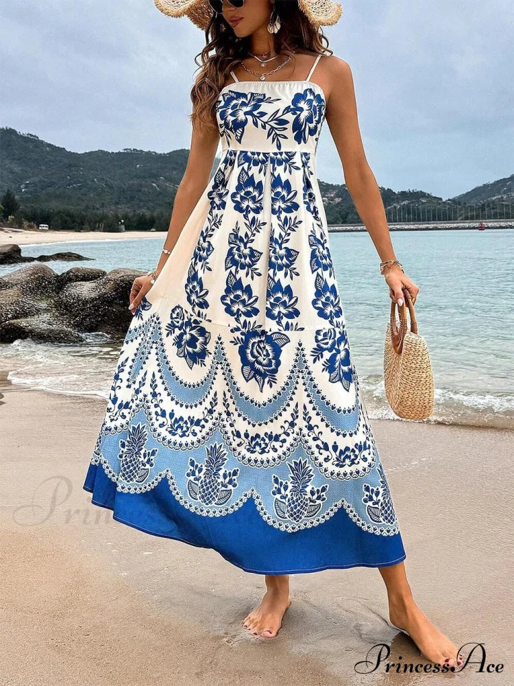 Print Back Graceful Smocked Loose Midi Dress