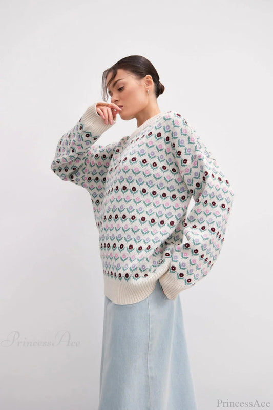 Jacquard Crew Neck Knit Sweater