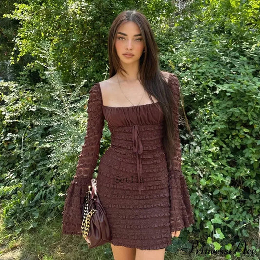 Lace Club Party Rich Brown Flare Sleeve Mini Dress