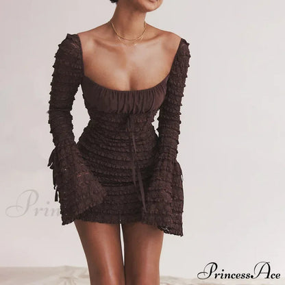 Lace Club Party Rich Brown Flare Sleeve Mini Dress