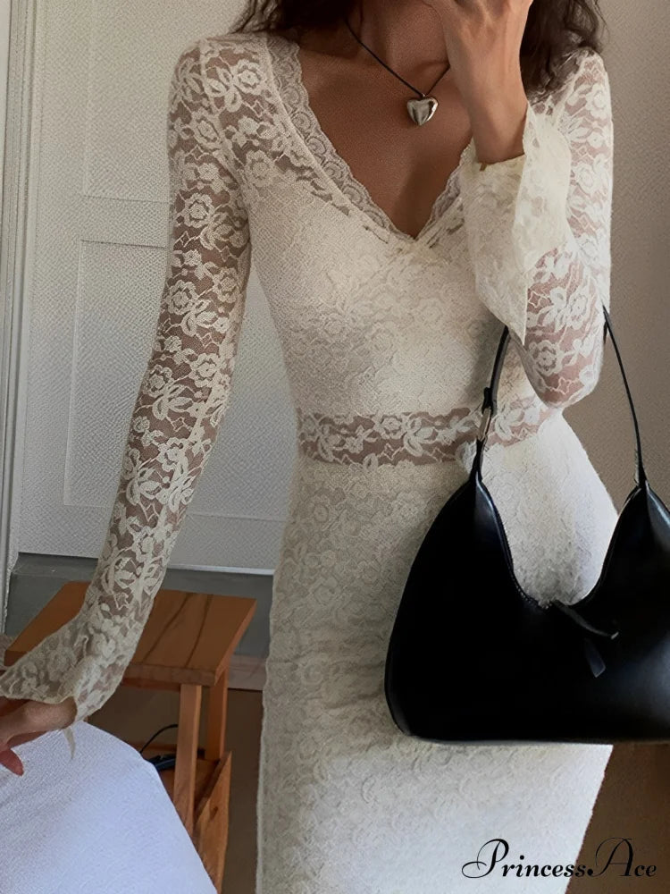 Lace Long Sleeve Plunge Midi Dress