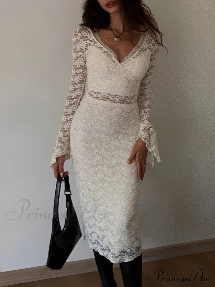 Lace Long Sleeve Plunge Midi Dress
