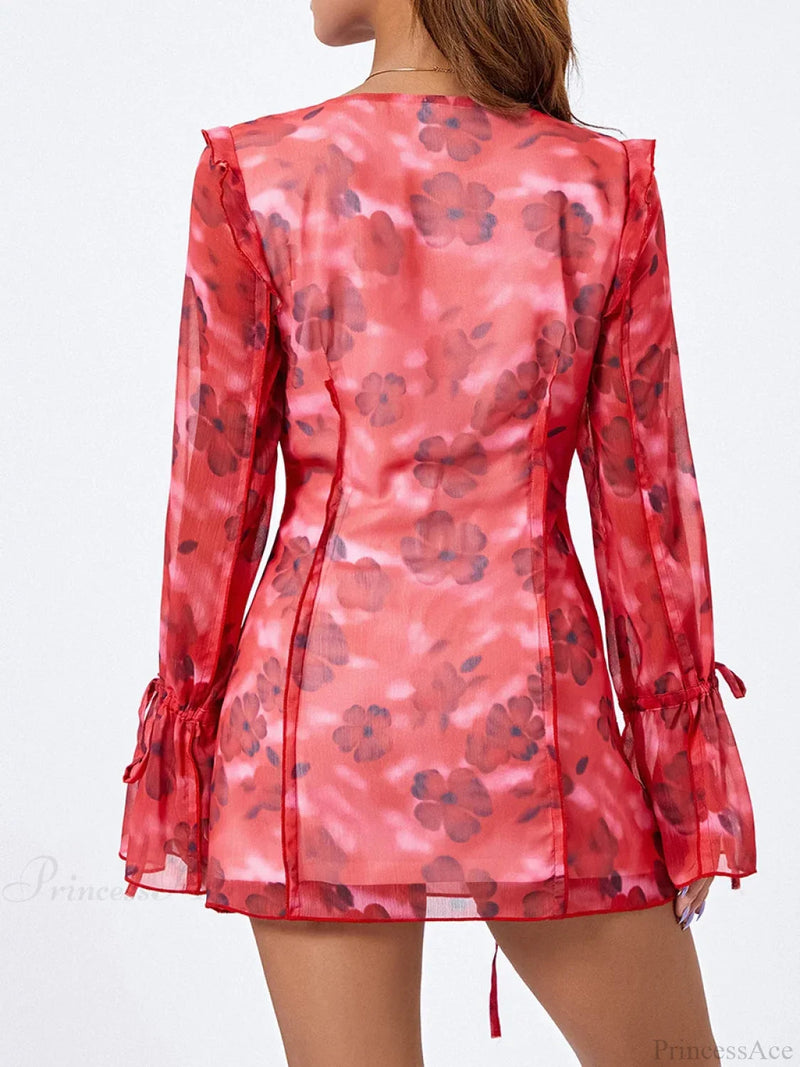 Mesh Mini Dress Flare Long Sleeve Split Hem Dress