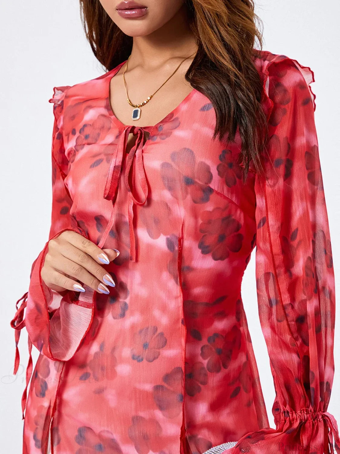 Mesh Mini Dress Flare Long Sleeve Split Hem Dress