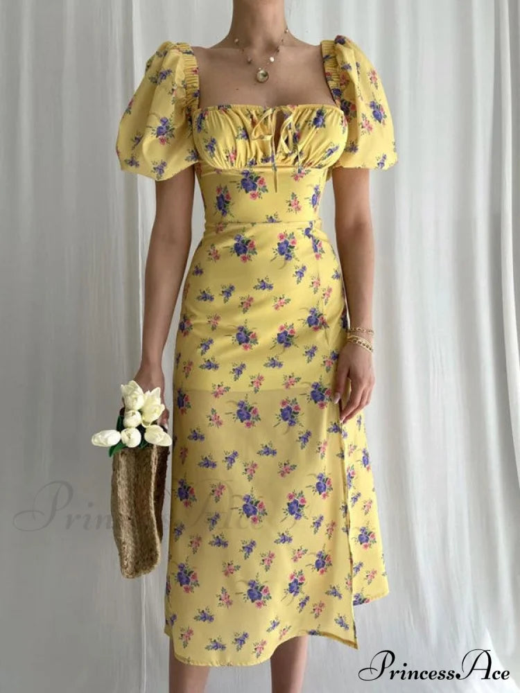 Midi Dress With Puffy Sleeves and Slit